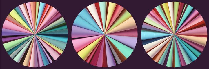 Set of bright elegant circular elements made of softly blended pastel colored rays converge towards the center. Circular starburst forms made of layered folded fabric designed in calming tones. Vector