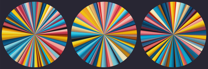 Set of bright circular patterns with vibrant radiating stripes converge towards the center. Circular starburst forms made of sharp converging folded lines in bright saturated tone. Vector illustration