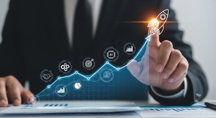 Business growth and innovation visualized through a digital interface with icons representing partnership, process, goals, AI, and a rocket symbolizing breakthrough and success.