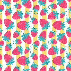 Strawberries seamless pattern on yellow vertical stripes. Summer vector background design with berries