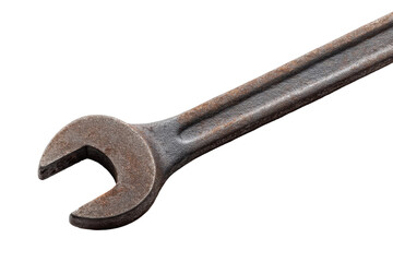 Rusty iron wrench on black background with texture details, cut out