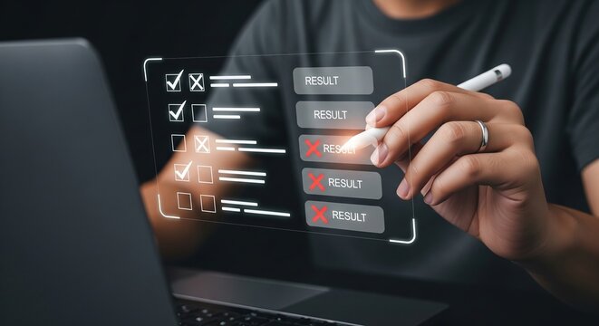 Stylus interacting with a virtual checklist displaying completed, failed, and pending results digital assessment in a futuristic workspace setting
