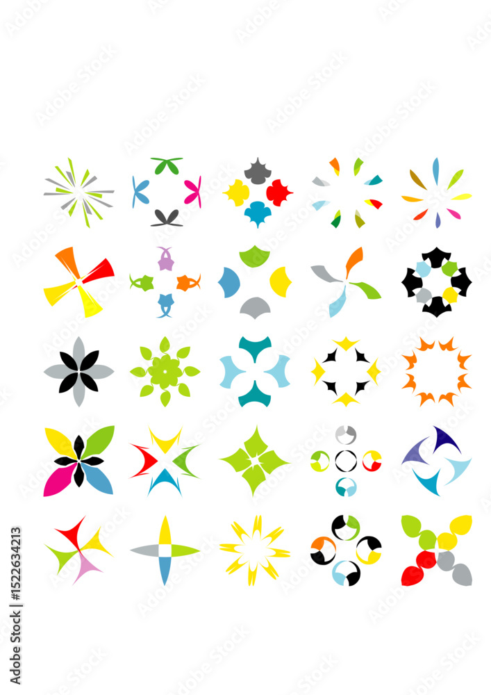 Poster multifaceted array of design elements: a vibrant arrangement of stylized design elements, each with 