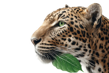 Obraz premium Leopard with green leaf in mouth: detailed portrait of wildlife in profile, cut out
