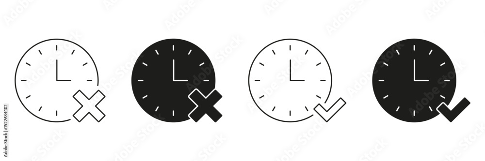 Poster clock with check and cross line and solid icon set. time management, task completion, and deadline e