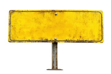Rusty yellow metal sign on rusted pole against black background, cut out