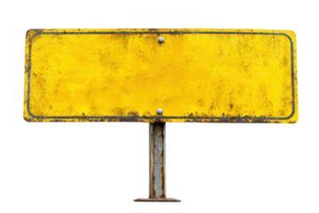 Rusty yellow metal sign on rusted pole against black background, cut out