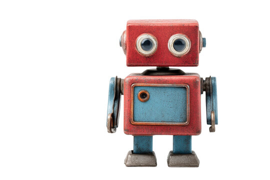 Vintage red and blue toy robot with square body and round eyes, cut out