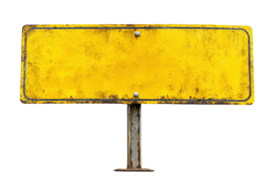 Rusty yellow metal sign on rusted pole against black background, cut out - Powered by Adobe