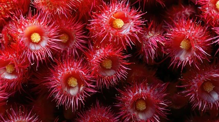 Close-up view of vibrant red flowers with spiky textures.