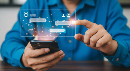Person in blue shirt interacts with a holographic AI interface displaying digital icons and chat bubbles, blending augmented reality with futuristic communication technology