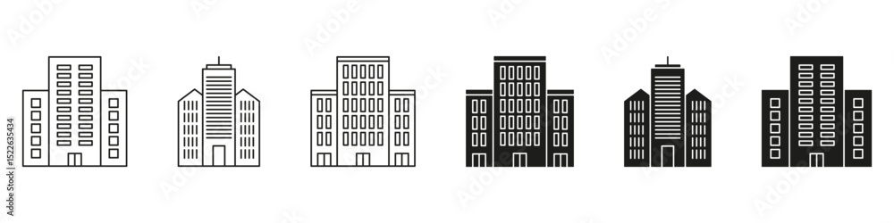Poster skyscraper building line and solid icon set. urban architecture and cityscape silhouette symbol coll