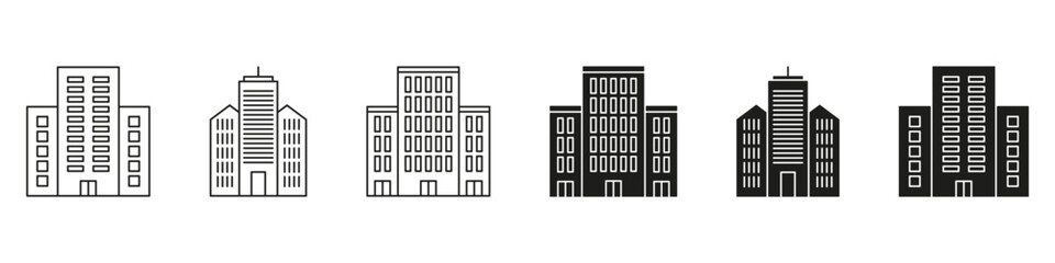 Skyscraper Building Line And Solid Icon Set. Urban Architecture And Cityscape Silhouette Symbol Collection. Real Estate And Infrastructure Design. Isolated Vector Illustration