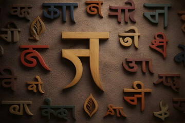 Colorful wooden letters forming a vibrant tapestry with prominent Hindi character symbolizing cultural richness and linguistic diversity