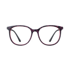 Fototapeta premium Stylish pair of purple cat-eye glasses with a distinctive pattern, isolated on a white background. Perfect accessory for a fashionable look.