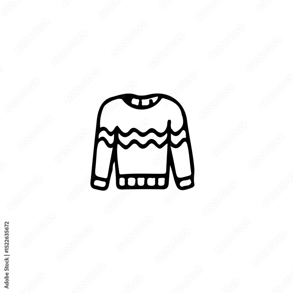 Poster a simple line drawing of a sweater with a wavy stripe design on the chest area