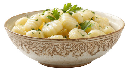 Steaming hot gnocchi seasoned with butter and parsley, served in a rustic bowl, creates an inviting image ideal for food blogs and restaurant menus with a transparent background