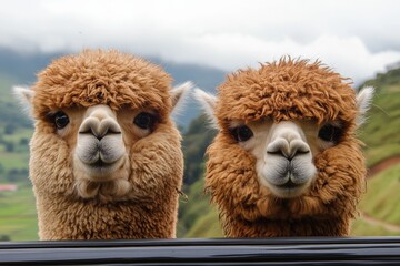 Fototapeta premium selective focus, curious alpacas in truck on mountain road