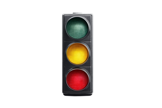 Traffic light with red, yellow, and green signals on black background, cut out
