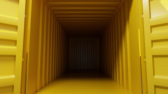 Yellow shipping container standing open, revealing empty interior within sprawling storage yard surrounded by identical intermodal containers, representing global logistics infrastructure
