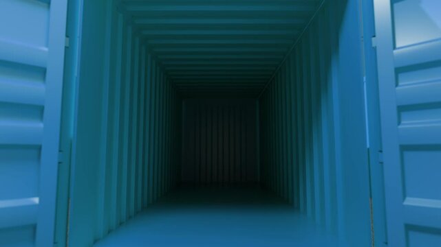 Turquoise intermodal shipping container standing with wide open double doors, revealing spacious empty interior within bustling industrial storage yard surrounded by similar cargo containers