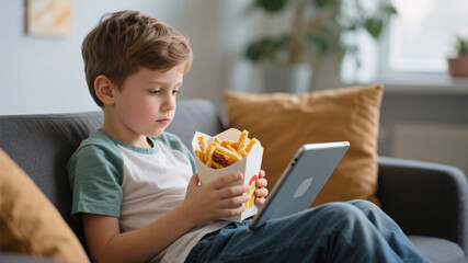 Obese child with fast food and digital device, highlighting childhood obesity and screen time correlation