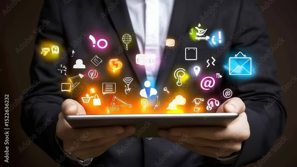 Aufkleber augmented reality technology: a businessman using a tablet with application icons flowing out