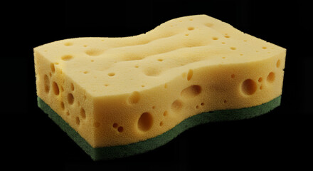 Wrinkled cleaning sponge yellow cleaning sponge with green scrubber pad for dishwashing and household cleaning on black background