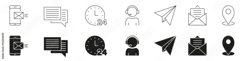 Poster communication and messaging line and solid icon set. digital interaction, customer support, location