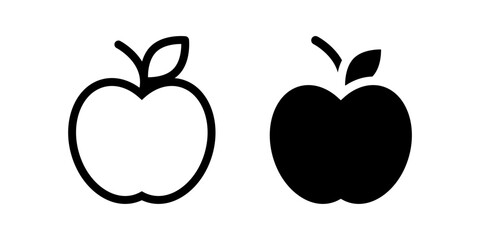 Apple icon. Fresh fruit with stem and leaf sign. Healthy snack, nutrition, and organic food symbol. Diet, vitamins, and natural produce pictogram. Grocery and plant-based illustration.