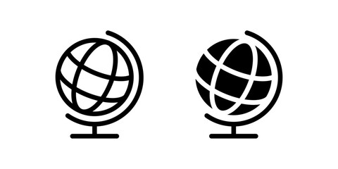Globe icon. Spherical world map on stand sign. Geography, global learning, and international travel symbol. Planet earth for education and navigation pictogram. School map illustration.