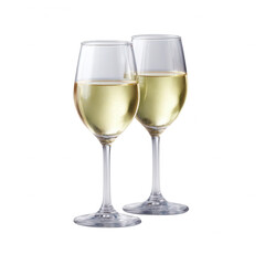 Fototapeta premium Two elegant glasses of white wine filled with refreshing liquid, perfect for celebrations and gatherings, captured against a clean, white background.