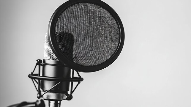 Monochrome close-up of a professional microphone fitted with a pop filter against a plain backdrop.  The microphone is black with a silver element and is mounted on a stand