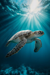 Fototapeta premium A sea turtle swimming gracefully underwater with sun rays penetrating the ocean surface above it