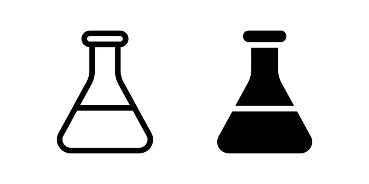Flask icon. Chemistry laboratory glassware with wide bottom and narrow neck vector illustration. Used for science experiments, research and school studies symbol. Scientific tool pictogram.