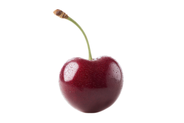 Close-up of fresh red cherry with stem and water droplets isolated on black background, cut out