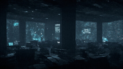 Dark Atmospheric Ruined Cityscape with Futuristic UI Elements and Holographic Displays