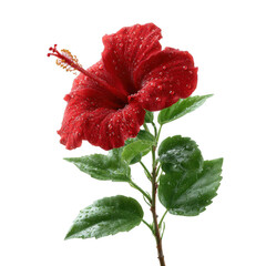 Fototapeta premium Vibrant red hibiscus flower with water droplets on its petals, showcasing rich green leaves, isolated on a white background, perfect for nature-themed designs.