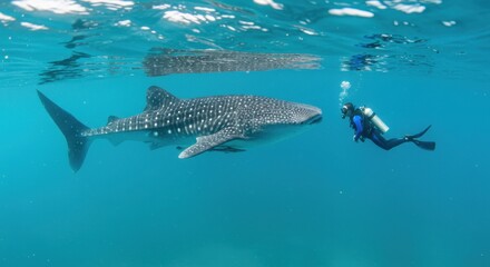 Fototapeta premium Whale Shark Encounter: A Diver's Close Underwater View