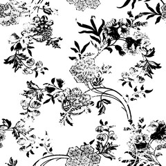 VBeautiful floral pattern in vintage folk style. Hand-drawn flowers, leaves, berries on a dark background. Creative botanical backdrop for prints, wallpapers, fabrics