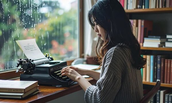Female Writer Typing on Vintage Typewriter by Window on Rainy Day in Cozy Room

