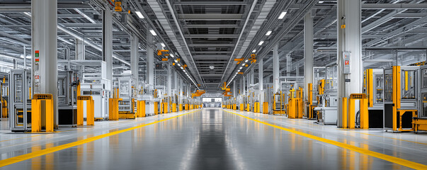 Fototapeta premium Automated assembly machines in long corridor with safety lights