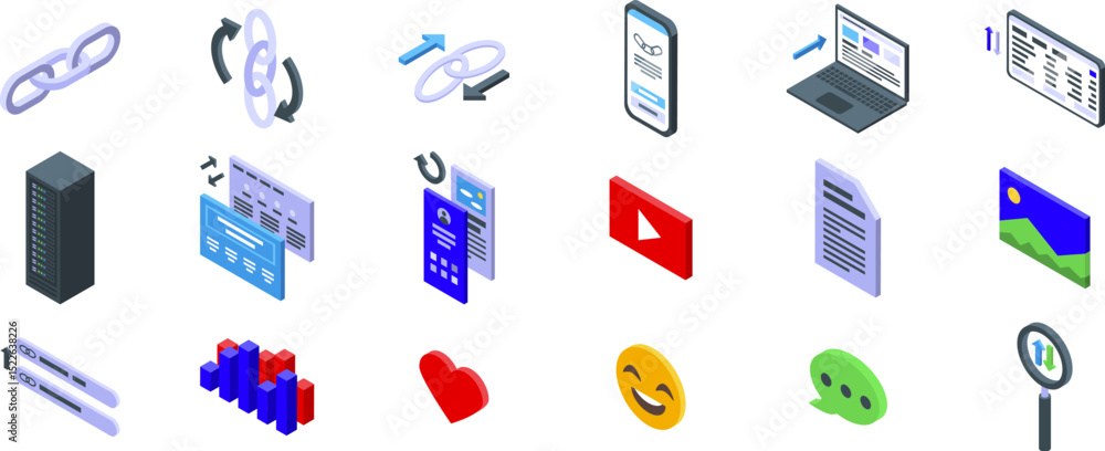 Poster backlink icons set. backlink building isometric icons showing strategies for generating online traff