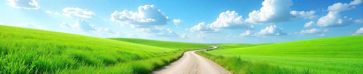 Obraz premium Serene country road winds through lush green fields under a vibrant blue sky, dotted with fluffy white clouds Perfect for travel, nature, and idyllic scenes , sun, country road, peaceful