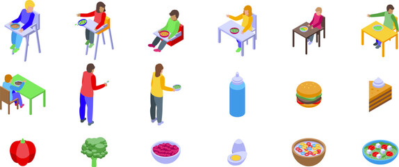 Fototapeta premium Child refuses eat icons set. Children enjoying nutritious meals in various settings, promoting healthy eating habits from a young age