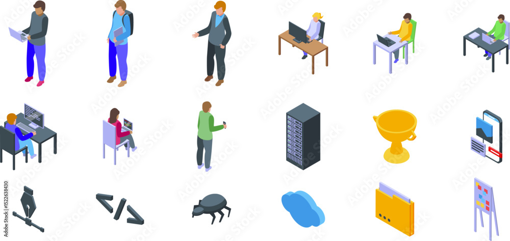 Poster hackathon icons set. programmers and developers working, using computers, networks, cloud and other 