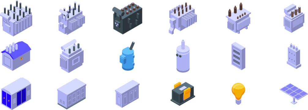 Transformer energy icons set. Isometric icons representing various types of electric transformers and related equipment, highlighting power distribution infrastructure