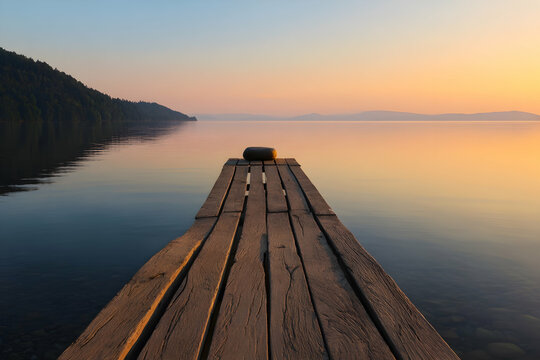 Tranquil sunset over a serene lake viewed from a weathered wooden dock reflecting the beauty of nature and solitude