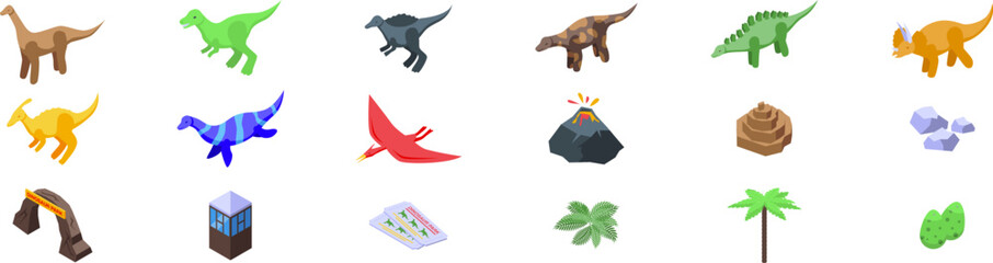 Dinosaur park icons set. Isometric icons representing various dinosaur species, park elements like entrance arch and observation tower, and prehistoric nature elements © ylivdesign