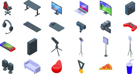 Gamer room interior icons set. Isometric icons showcasing gaming setup, streaming tools, and leisure items, creating a complete gamer room environment